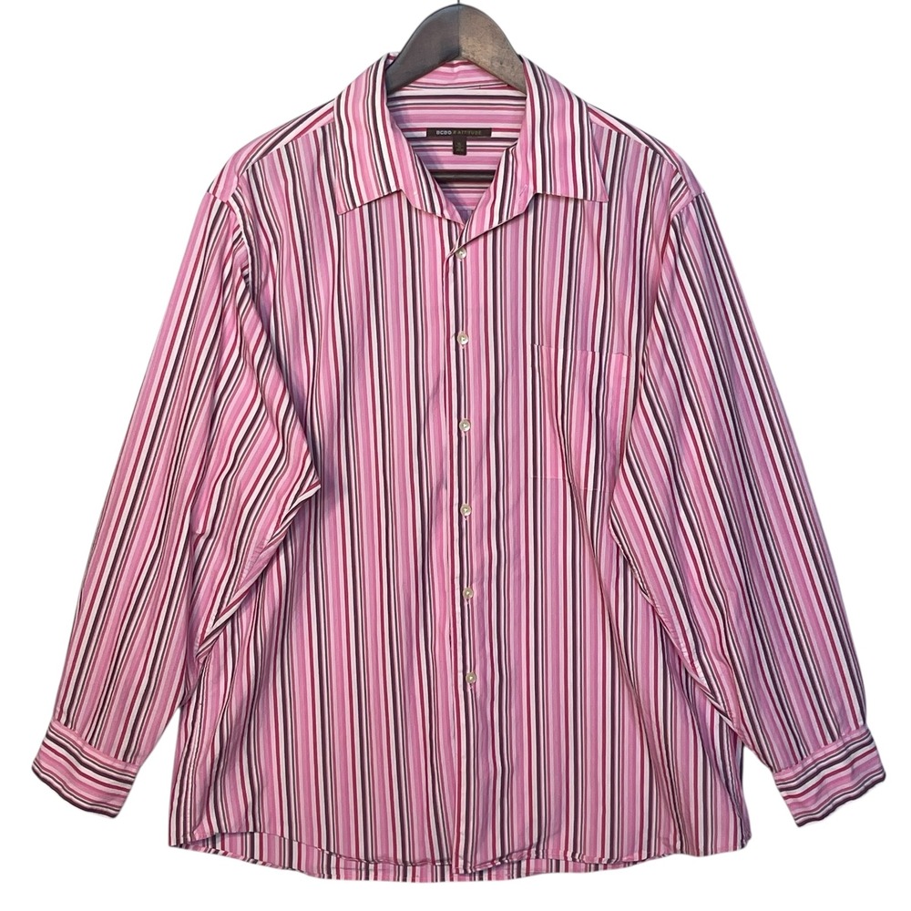 BCBG Attitude Men XL Pink Burgundy Stripe Long Sleeve Button Down Shirt 17 34/35
